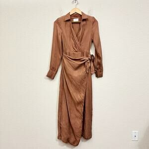 DISSH Wrap Dress Brown Long Sleeve Midi Tie Waist Shoulder Pads